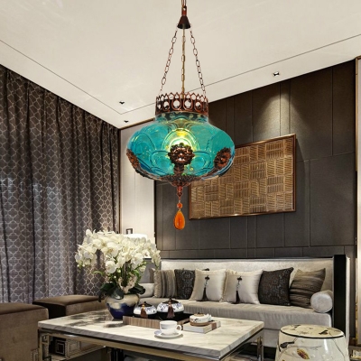Blue Lantern Suspension Lighting Moroccan Textured Glass 1 Light Restaurant Hanging Pendant Light