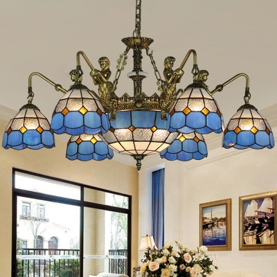 Blue Mermaid Chandelier Light Fixture Mediterranean 3/5/9 Bulbs Multicolored Stained Glass Pendant Lamp for Kitchen
