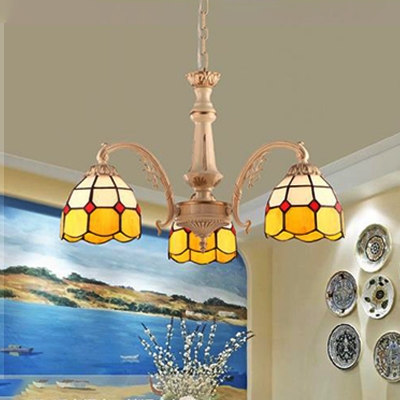 Blue/Yellow Grid Patterned Chandelier Lighting Fixture Tiffany 3/5 Lights Cut Glass Hanging Ceiling Light