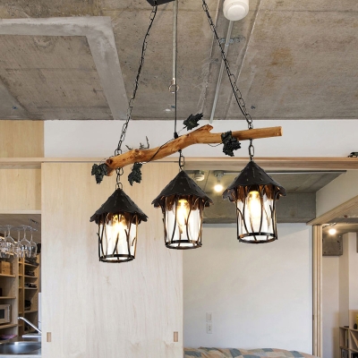 Branch Island Lighting Rustic Iron and Wood 3 Lights Island Linear Pendant with Clear Glass Shade for Cafe
