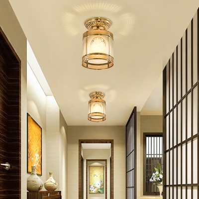 Brass 1 Head Metal Semi Flush Light Traditional Sandblasted Glass Cylinder Ceiling Fixture for Foyer