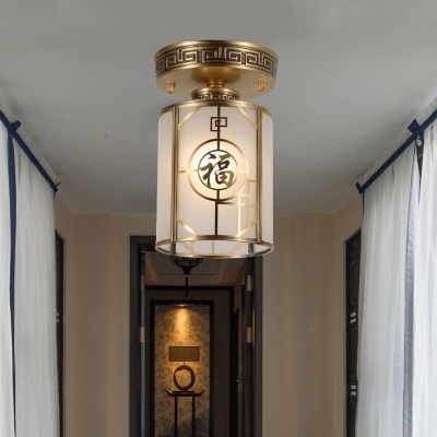 Brass 1 Light Ceiling Lamp Traditional Curved Frosted Glass Cylinder Semi Flush Mount Ceiling Light for Corridor