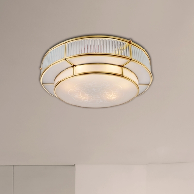 Brass 3/4 Lights Ceiling Mount Classic Frosted Glass Drum Flush Light Fixture for Corridor, 16