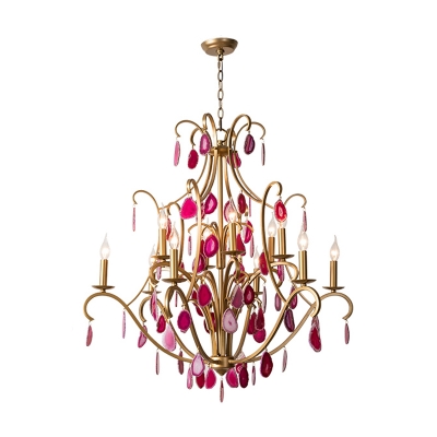 Candelabra Crystal Chandelier Lighting Minimalism 5/9/12 Lights Dining Room Pendant Lamp in Rose Red