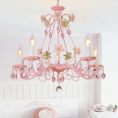 Candle Living Room Ceiling Chandelier Traditional K9 Crystal 3/5/8 Heads Pink Hanging Light Fixture