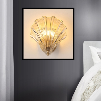 Clear Ribbed Glass Shell Wall Lamp Traditional 1 Head Bedroom LED Sconce Light Fixture