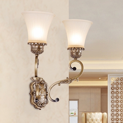 Curvy Arm Metal Wall Mount Lighting Traditional 2 Lights Indoor Wall Sconce Lamp in Brass with Bell White Glass Shade