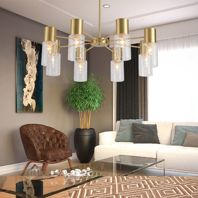 Cylinder Chandelier Lighting Contemporary Clear Glass 8 Heads Brass Hanging Ceiling Light