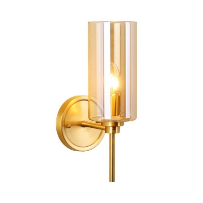 Cylinder Living Room Sconce Light Brass Finish Glass Single Bulb Modern Wall Mounted Lamp