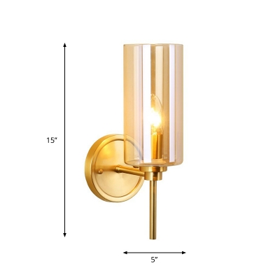 Cylinder Living Room Sconce Light Brass Finish Glass Single Bulb Modern Wall Mounted Lamp