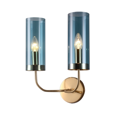 Cylindrical Wall Mount Lamp Retro Champagne/Light Blue Glass 1/2-Light Brass Sconce Light Fixture