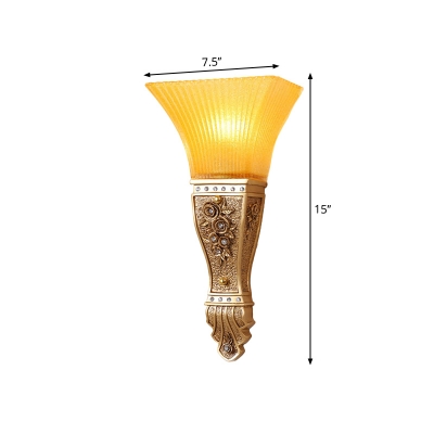 Flared Yellow Glass Wall Sconce Lamp Lodge Style 1 Head Corridor Wall Light Fixture in Gold/White