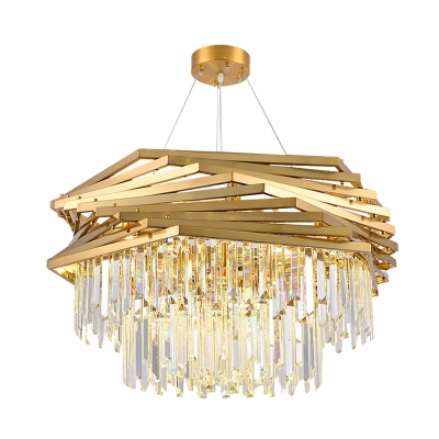Gold 2 Tiers Hanging Light Postmodern 8/12 Heads Tri-Sided Crystal Rod Chandelier Light