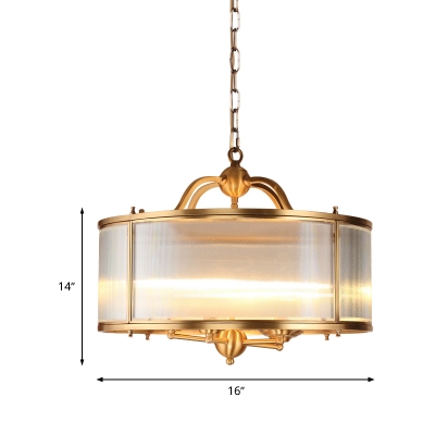Gold 4/5 Heads Chandelier Lighting Colonialism Frosted Prismatic Glass Drum Pendant Ceiling Light for Living Room