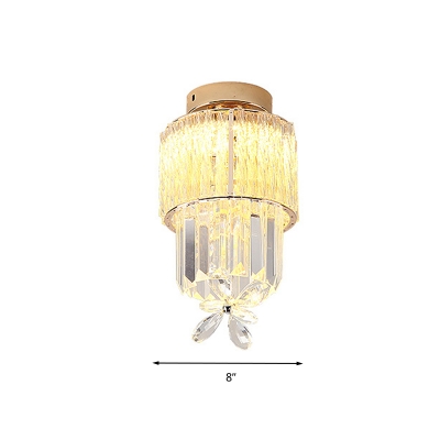 Gold Cylinder Ceiling Light Modernism LED Hand-Cut Crystal Semi Flush Mount for Foyer