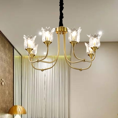 Gold Flower Pendant Light Postmodern Clear Crystal 6 Heads Dining Room Hanging Chandelier
