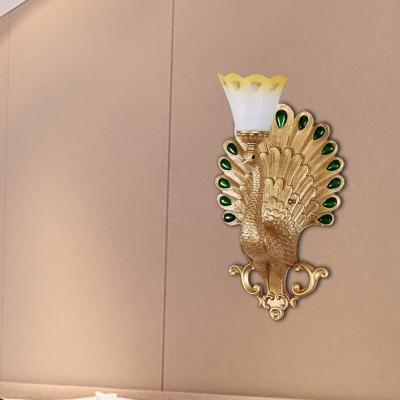 Gold Peacock Sconce Light Fixture Modern Style Resin 1 Bulb Hotel Wall Lamp with Yellow Glass Petal Shade