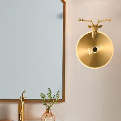 LED Round Wall Lamp Traditionary Metal Sconce Light Fixture in Brass/Black with Elk