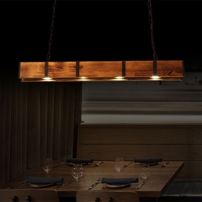Linear Island Pendant Light Loft Style Wood and Metal 4 Lights Dining Room Island Lighting in Brown