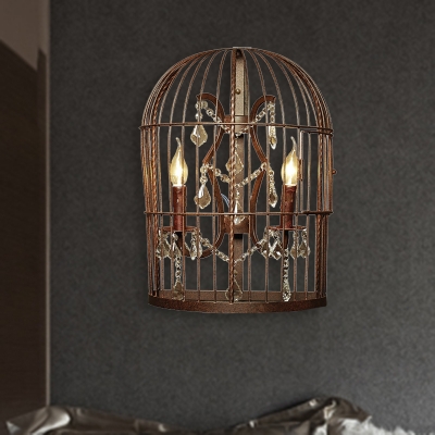Metal Birdcage Wall Mounted Lamp Industrial 2 Heads Bedroom Sconce Light Fixture in Rust with Crystal Accent