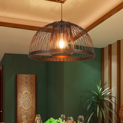 Modern Domed Hanging Lamp Kit Bamboo 1 Light Living Room Pendant Lighting Fixture in Coffee
