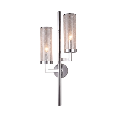 Modern Pencil Arm Sconce Metal 2 Heads Wall Mount Light Fixture in Chrome with Tube Crackle Glass Shade