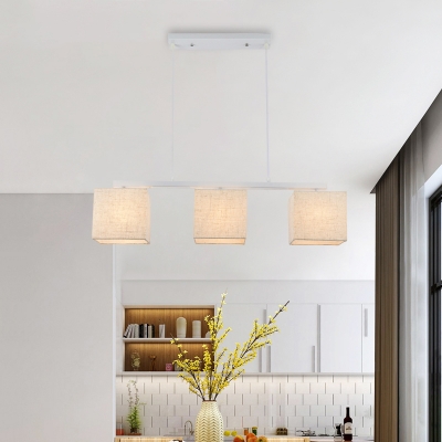 Modern Square/Drum Island Light Fabric 3 Lights Dining Room Chandelier Lamp in White with Metal Linear Canopy