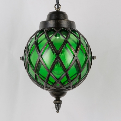 Moroccan Globe Hanging Ceiling Light 1 Light Red/Green/Purple Glass Pendant Lamp in Black for Dining Room with Cage