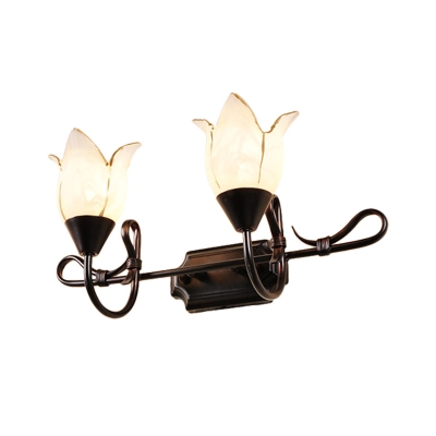 Opal Glass Floral Wall Lamp Fixture Modern Style 2/3 Lights Black Finish Vanity Sconce Light for Dining Room