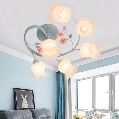 Pink/Blue 6 Lights Semi Flush Light Pastoral Frosted Glass Floral Ceiling Mount Chandelier for Living Room