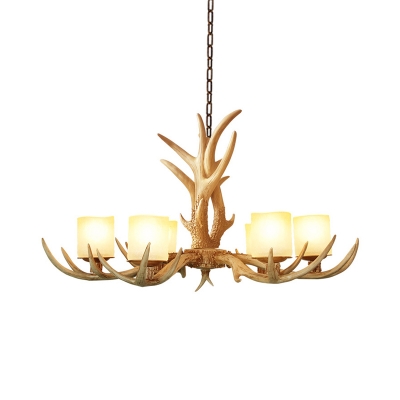 Resin Branch Chandelier Lamp Traditionary 3/6 Heads Ceiling Hanging Light in Brown with Cylinder Frosted Glass Shade