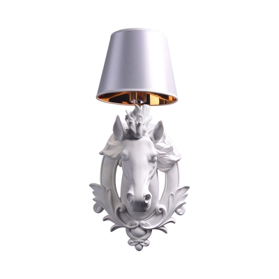 Resin Horse Design Wall Light Lodge Style 1 Light White Sconce Lamp with Conical Shade for Hallway, 9.5