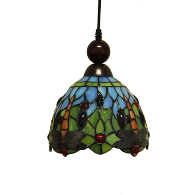 Stained Glass Black/Red/Yellow Pendant Light Fixture Dragonfly 1 Light Tiffany Style Suspension Lamp