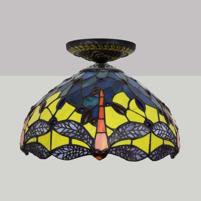 Stained Glass Dragonfly Ceiling Fixture Tiffany 1 Light Blue/Purple/Yellow Flushmount Ceiling Lamp for Living Room