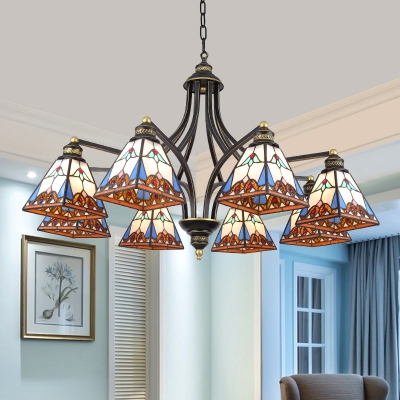 Stained Glass Pyramid Shaped Chandelier Lamp Tiffany 3/6/8 Lights Blue/Red Suspension Pendant Light for Living Room