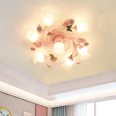 Traditional Flower Ceiling Mount Light Fixture 4/7 Bulbs Opal Glass Semi Flush Chandelier in Pink with Butterfly Accent