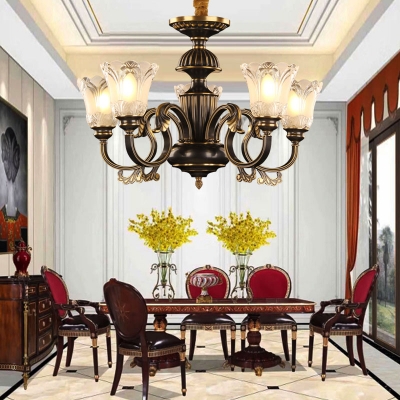 Traditional Flower Hanging Pendant 5 Heads Frosted Glass Ceiling Chandelier in Black and Gold for Living Room
