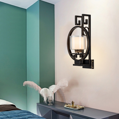 Traditionalism Cylinder Wall Mount Lamp 1 Head Clear Glass Surface Wall Sconce with Metal Backplate in Black