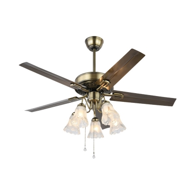 Vintage Bloom Ceiling Fan 5 Lights Milk Glass Semi Flush Light in Brass, Remote/Remote and Wall Control