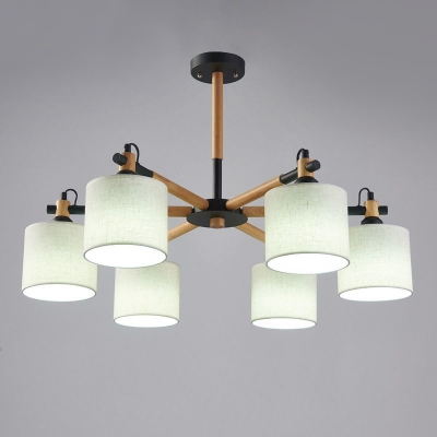 Wood Cylinder Chandelier Lighting Fixture Contemporary 6 Lights Suspension Pendant in White/Black with Beige Fabric Shade