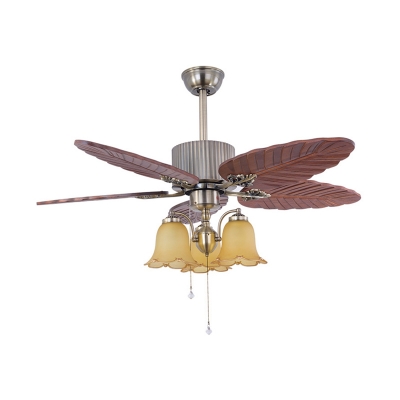 Wooden Leaf-Shaped Ceiling Fan Lighting Retro 3 Bulbs Living Room Semi Flush Mount Light in Silver