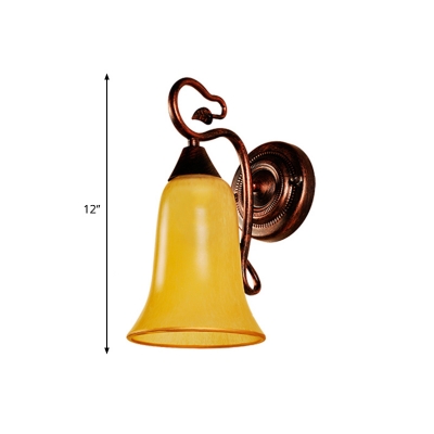 Yellow Glass Bell Sconce Light Fixture Traditional Style 1 Head Copper Finish Wall Mount Light for Bedroom
