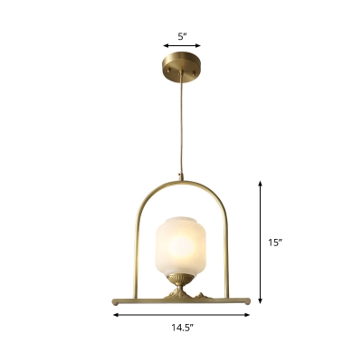 1 Bulb Dining Room Pendant Lamp Modern Brass Hanging Light Kit with Tubular Milk Glass Shade