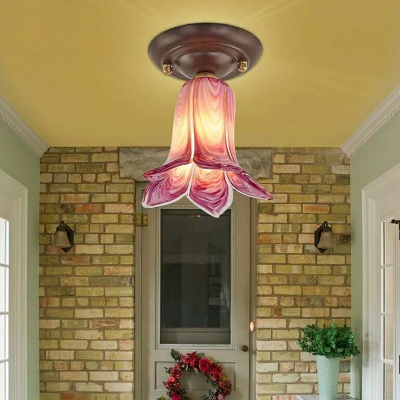 1 Bulb Flower Ceiling Light Pastoral White/Yellow/Purple Glass LED Flush Mount Lamp for Hallway