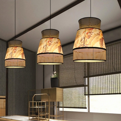 1 Bulb Restaurant Hanging Lamp Asian Beige Ceiling Pendant Light with Flared Rattan Shade