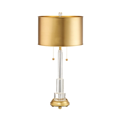 1 Head Cylinder Table Lamp Traditional Gold Metal Nightstand Light with Beveled Crystal Prism