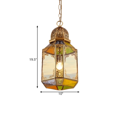 1 Head Lantern Shape Pendant Lighting Antiqued Brass Metal Hanging Ceiling Lamp for Living Room
