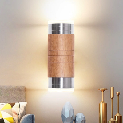 1 Head Living Room Sconce Light Chinese Chrome Wall Mounted Lamp with Tube Wood Shade