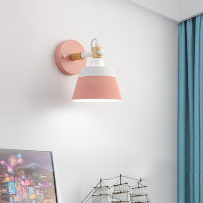 1 Head Living Room Sconce Macaron Pink/White Wall Mount Light Fixture with Conical Metal Shade