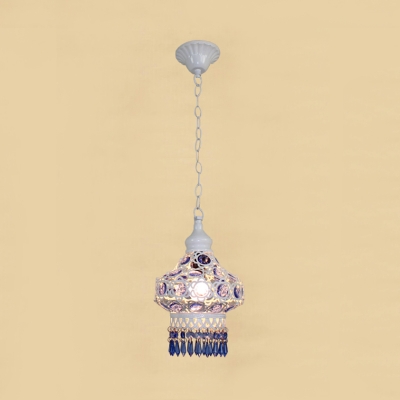 1-Bulb Metal Ceiling Suspension Lamp Retro White/Blue Lantern Dining Room Hanging Light Fixture